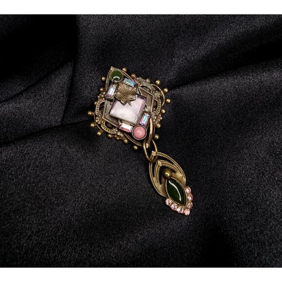 Rare Vintage Sorrelli Signed Brooch With Dangle Pendant Gold-Tone Rhinestones - Picture 3 of 5